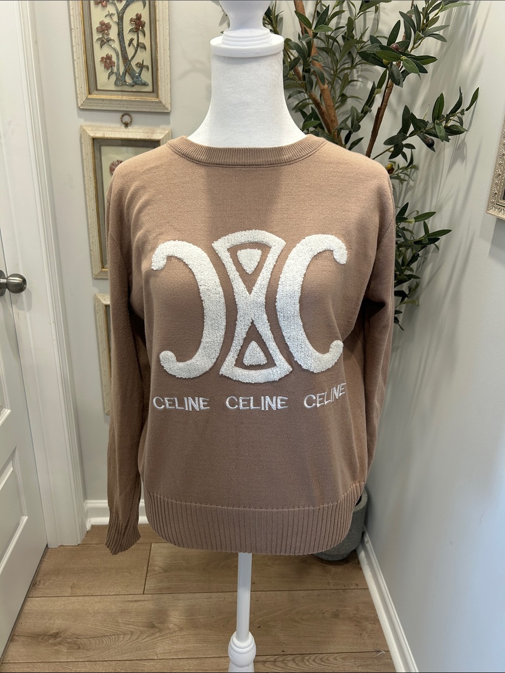 Celine Taupe Crewneck Sweater with White Raised Logo